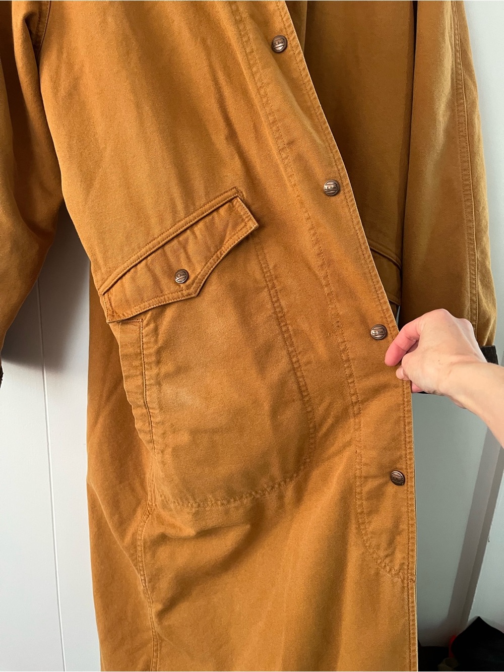 Vintage LL Bean Sherpa Lined Aztec Duster Coat Canvas Chore Rancher Tan Trench - Picture 5 of 16
